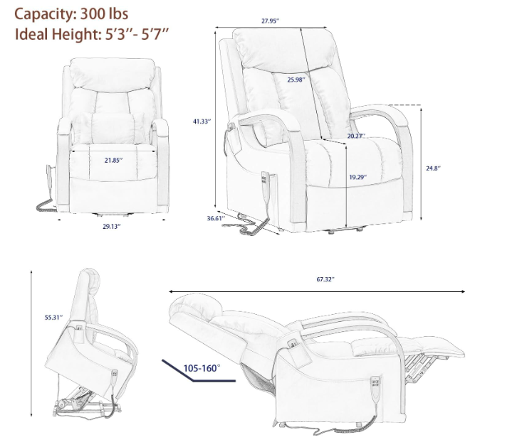DYNOX Small Lift Chair Recliner - Dimensions
